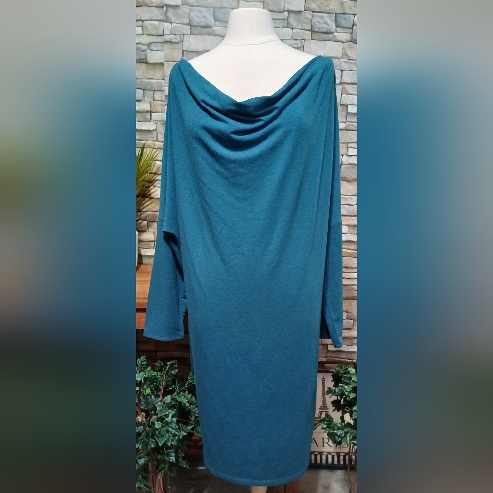 525 America 3X Oversized French Terry Cowl Neck Long Sweater Dress Teal